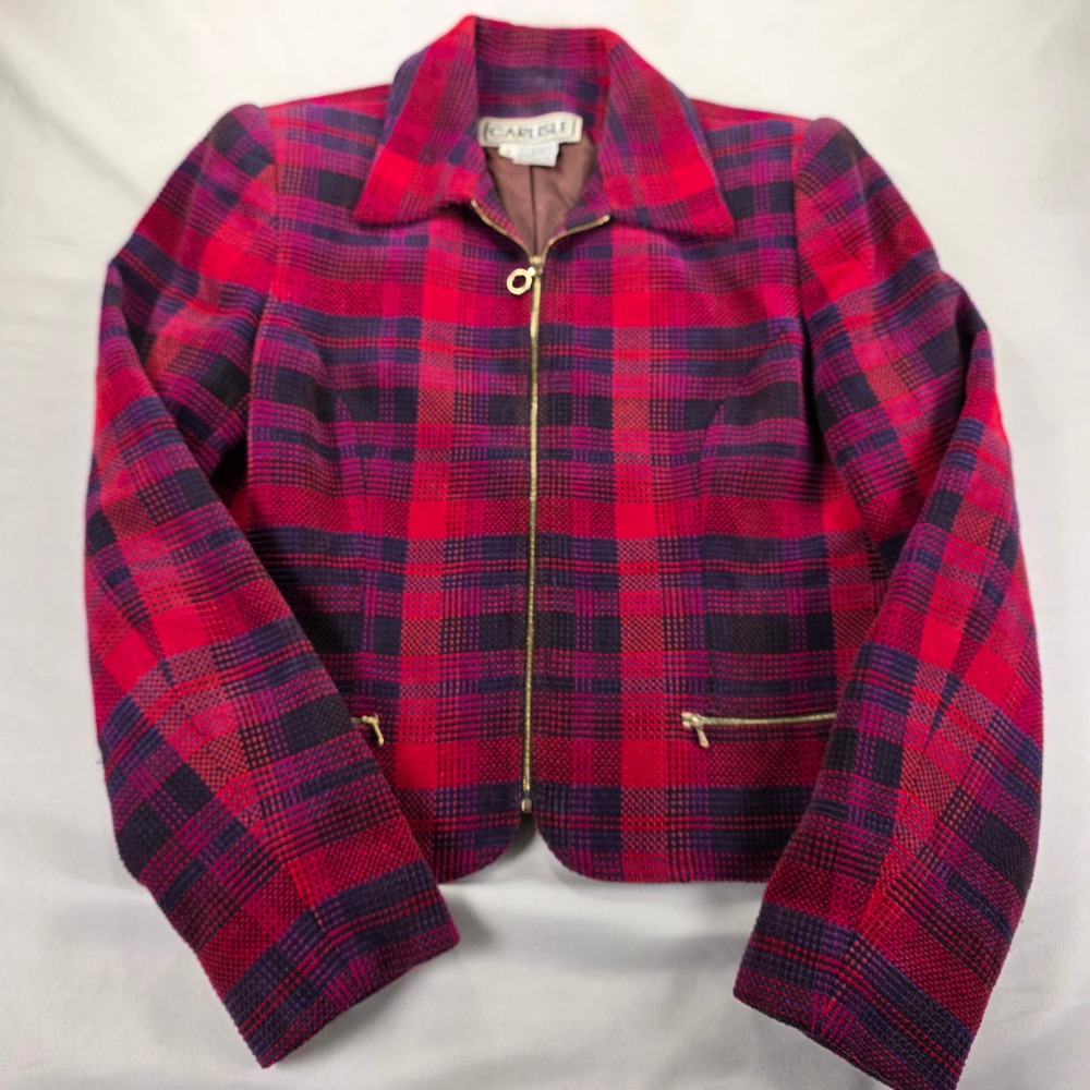 Carlisle Womens Red Plaid Cotton Wool Zip Up Jacket Size 8 H863